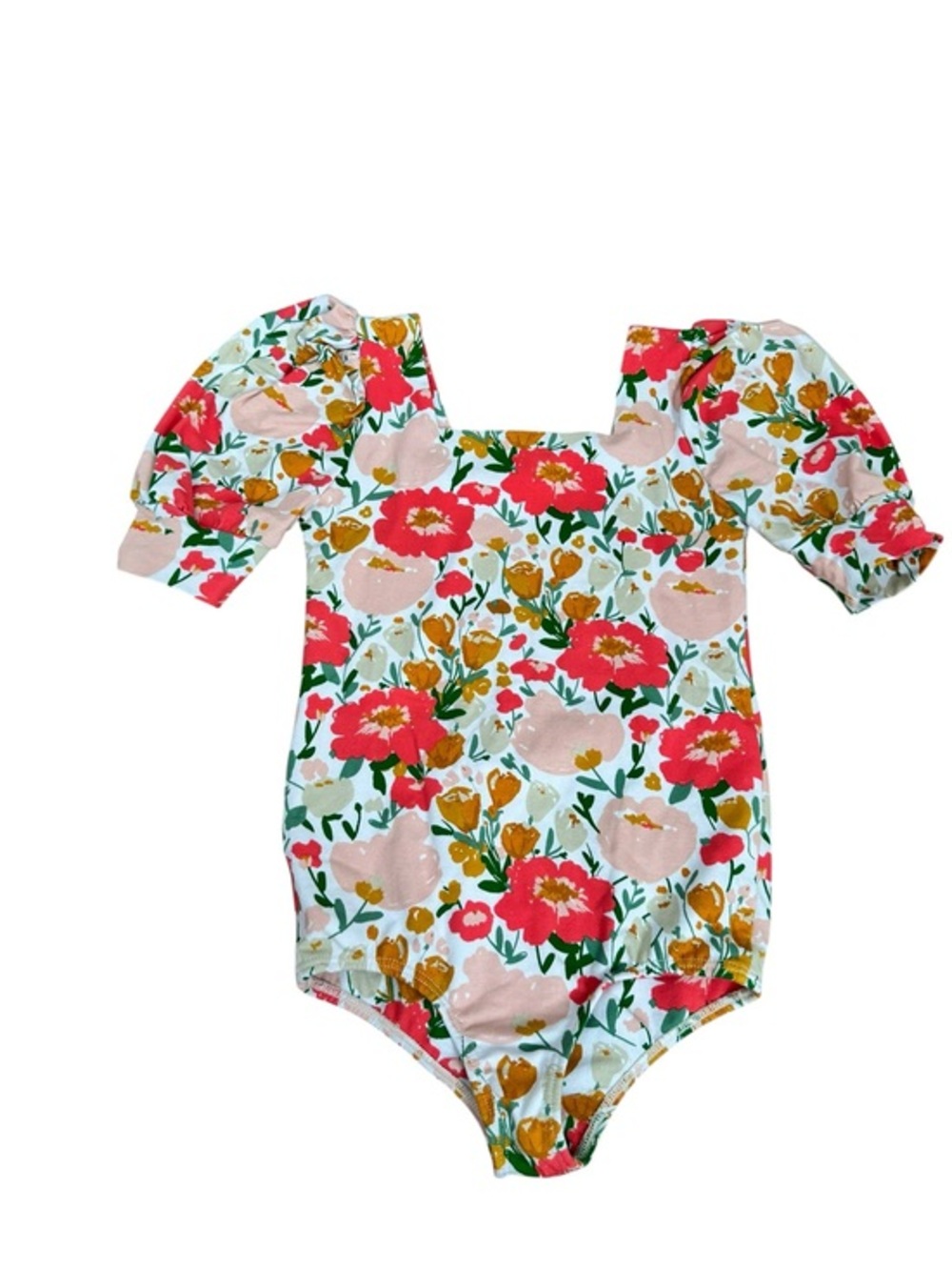 Girls Floral Puff Sleeve Short Sleeve Top - Pink, White & Green